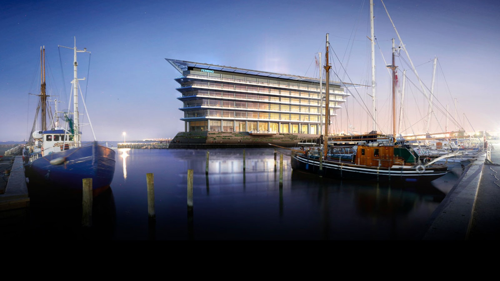 Kaunis vaade Sundi mereväravale Kopenhaageni ja Malmö vahel:Ferring Pharmaceuticalsi uus peakontor. ©Foster&Partnerid