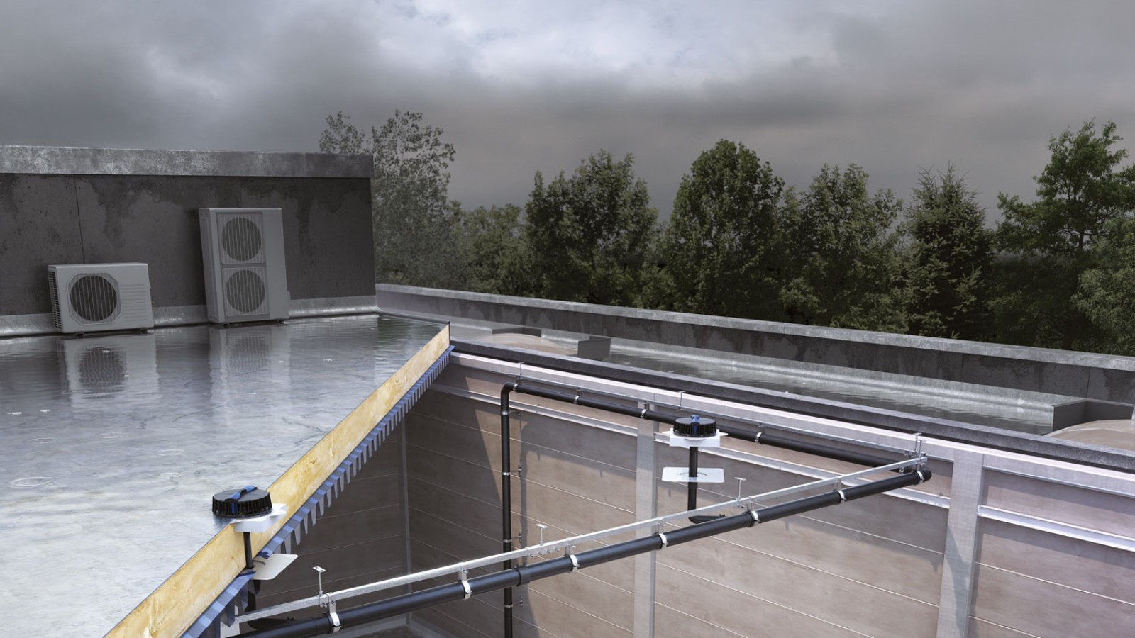 Katuselt sademevee äravoolusüsteem Pluvia suudab sademevee kõigist kolmest tornist ära juhtida suhteliselt väikese arvu sisseavadega © Geberit Katuselt sademevee äravoolusüsteem Pluvia suudab sademevee kõigist kolmest tornist ära juhtida suhteliselt väikese arvu sisseavadega © Geberit