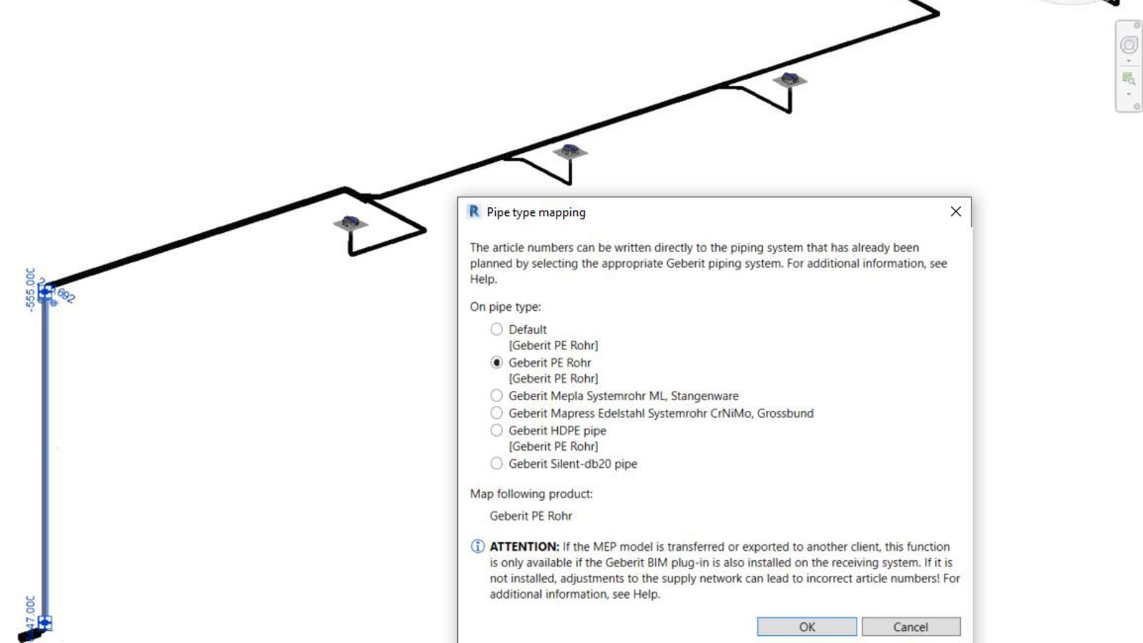 Valitud süsteemitoru tootenumbri salvestamine Geberit BIM Plug-inis