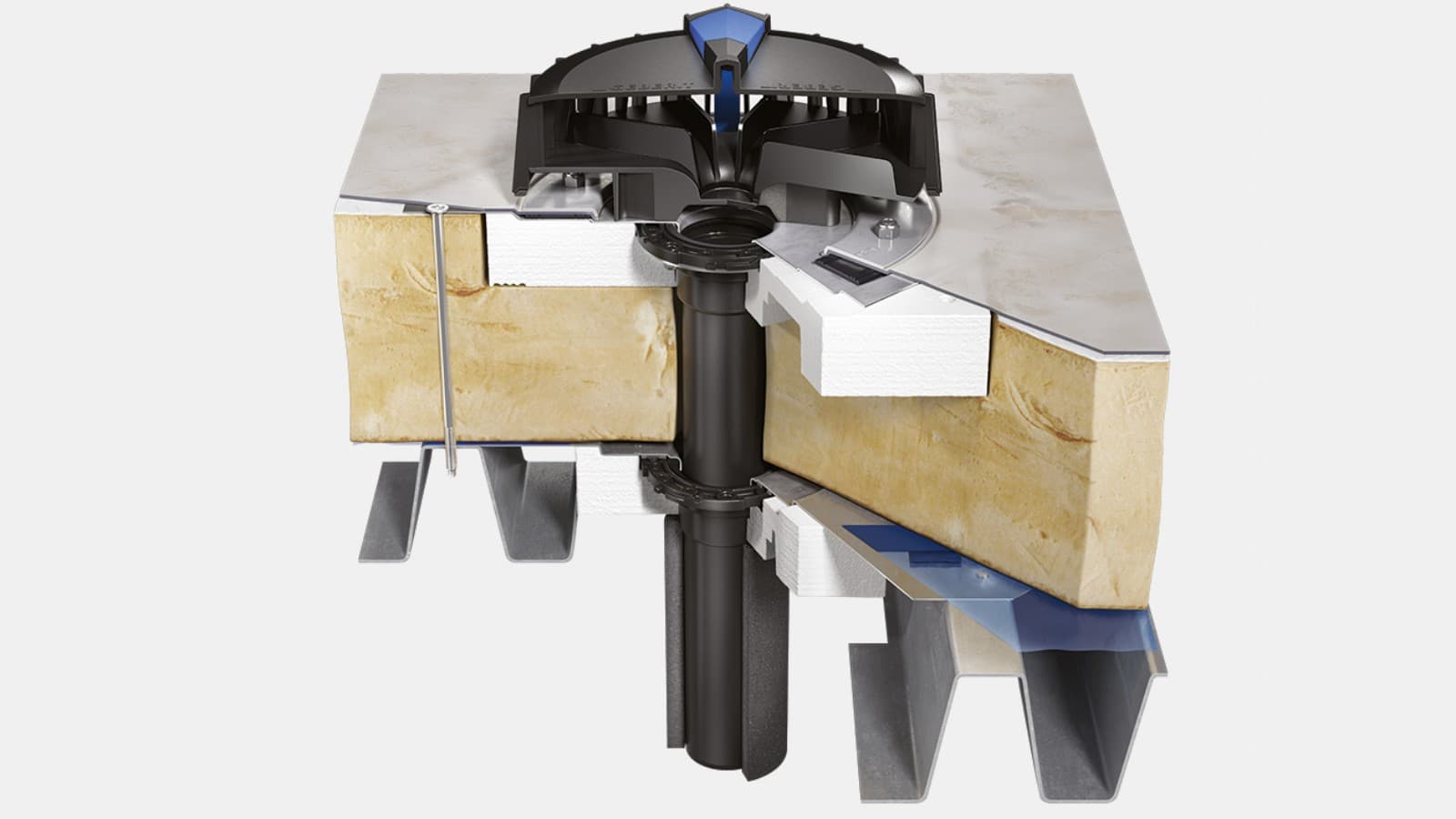 Geberit Pluvia sissevool termokatusel aurutõkkeühenduse ja katusekilega vettjuhtiva tasapinnana Geberit Pluvia sissevool termokatusel aurutõkkeühenduse ja katusekilega vettjuhtiva tasapinnana