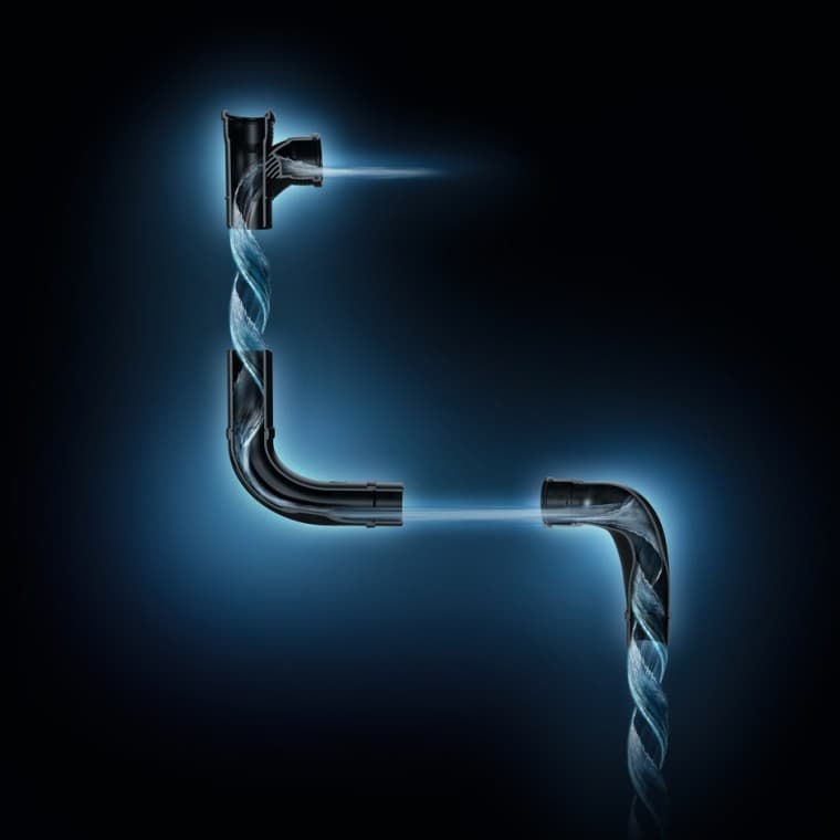 Hüdrauliliselt optimeeritud veevool Geberit SuperTube liitmikega. Hüdrauliliselt optimeeritud veevool Geberit SuperTube liitmikega.